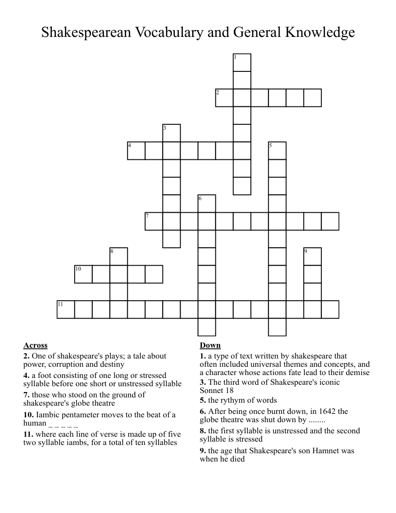 Shakespearean Vocabulary and General Knowledge Crossword