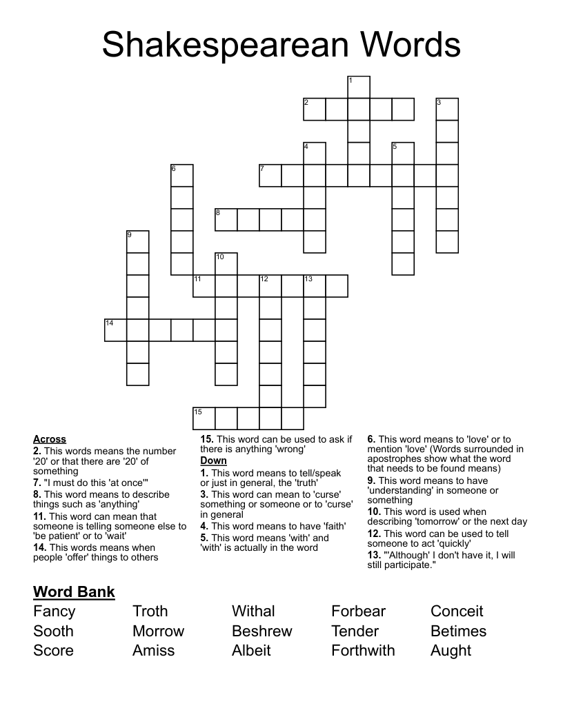 Shakespearean Words Crossword