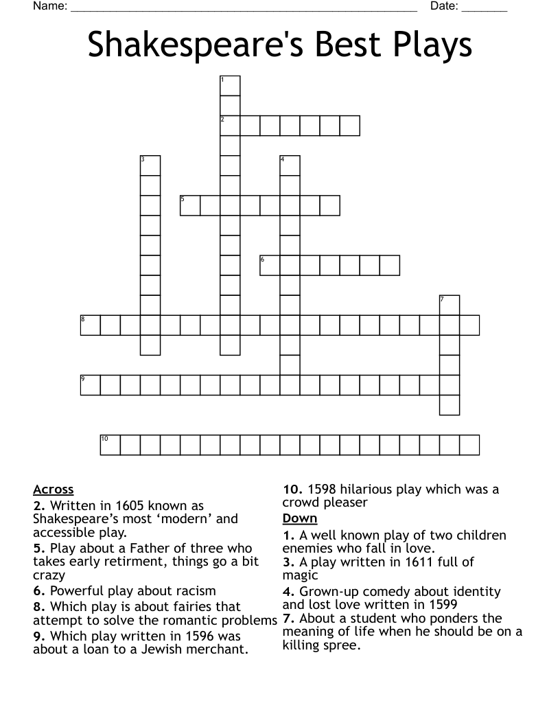 Shakespeare's Best Plays Crossword