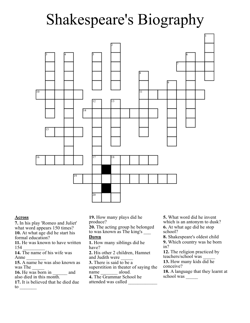 Shakespeare's Biography Crossword