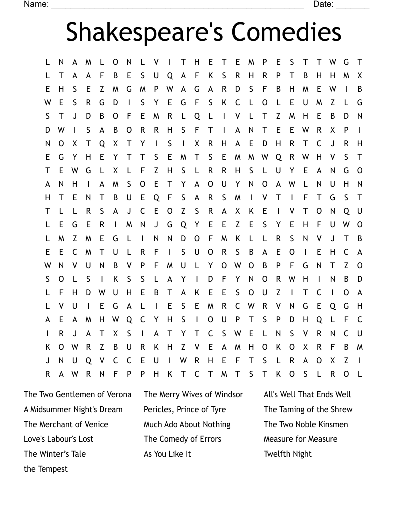 Shakespeare's Comedies Word Search