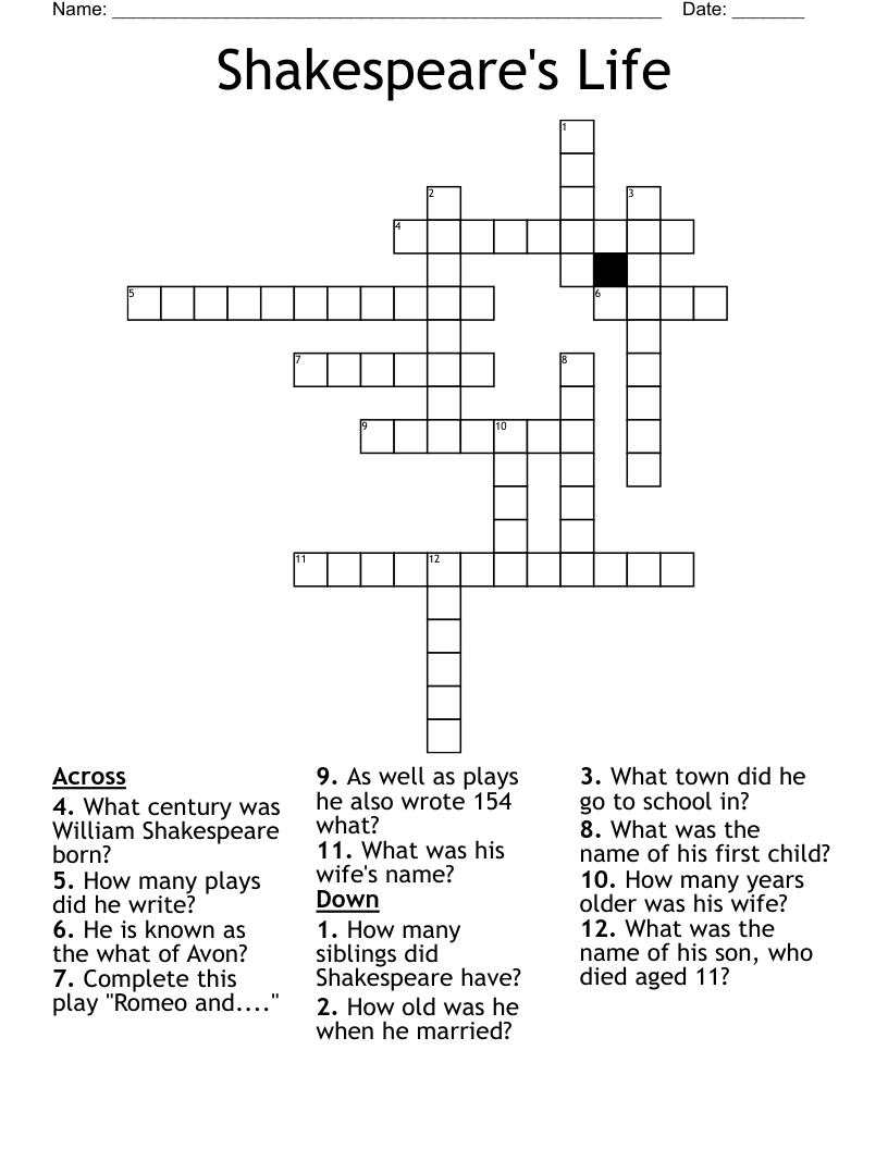 Shakespeare's Life Crossword