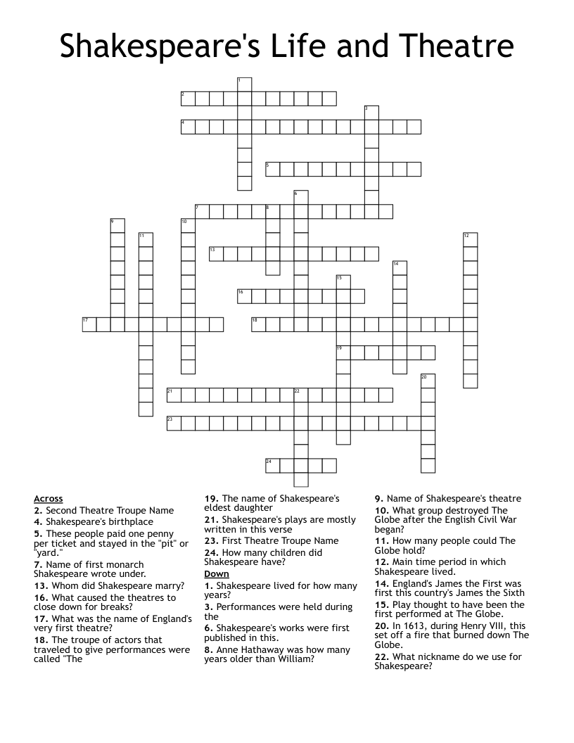Shakespeare's Life and Theatre Crossword