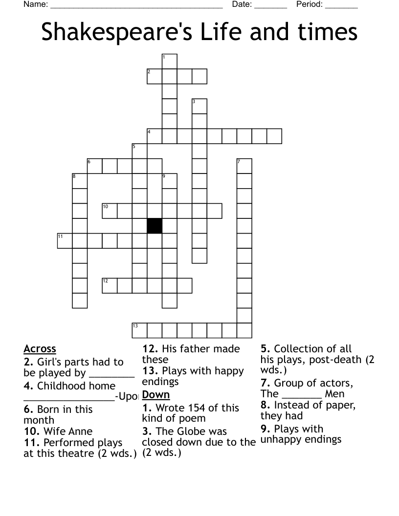 Shakespeare's Life and times Crossword