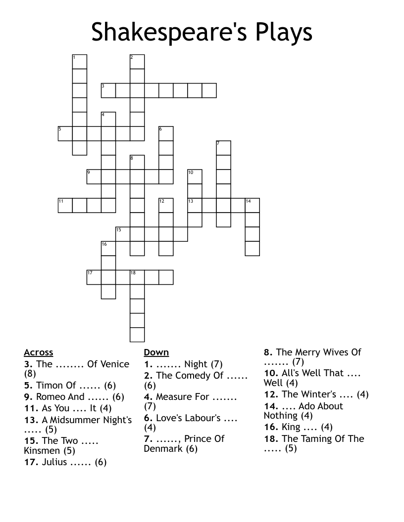 Shakespeare's Plays Crossword