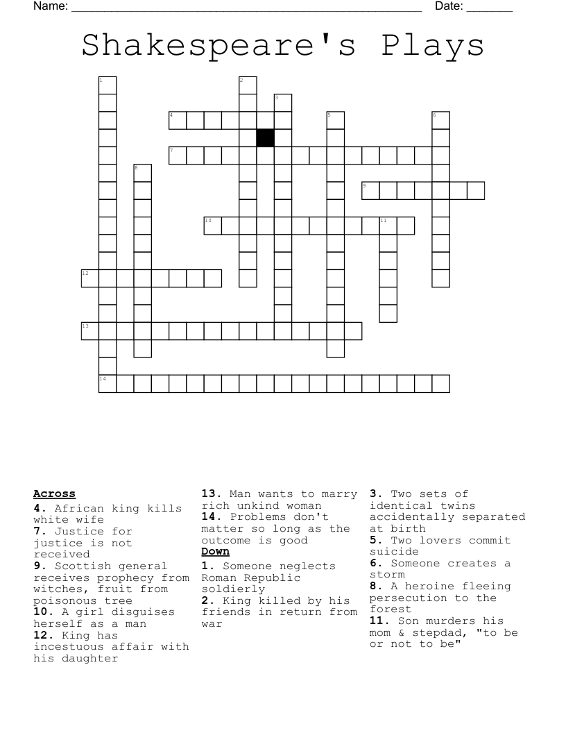 Shakespeare's Plays Crossword