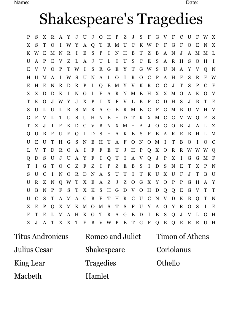 Shakespeare's Tragedies Word Search