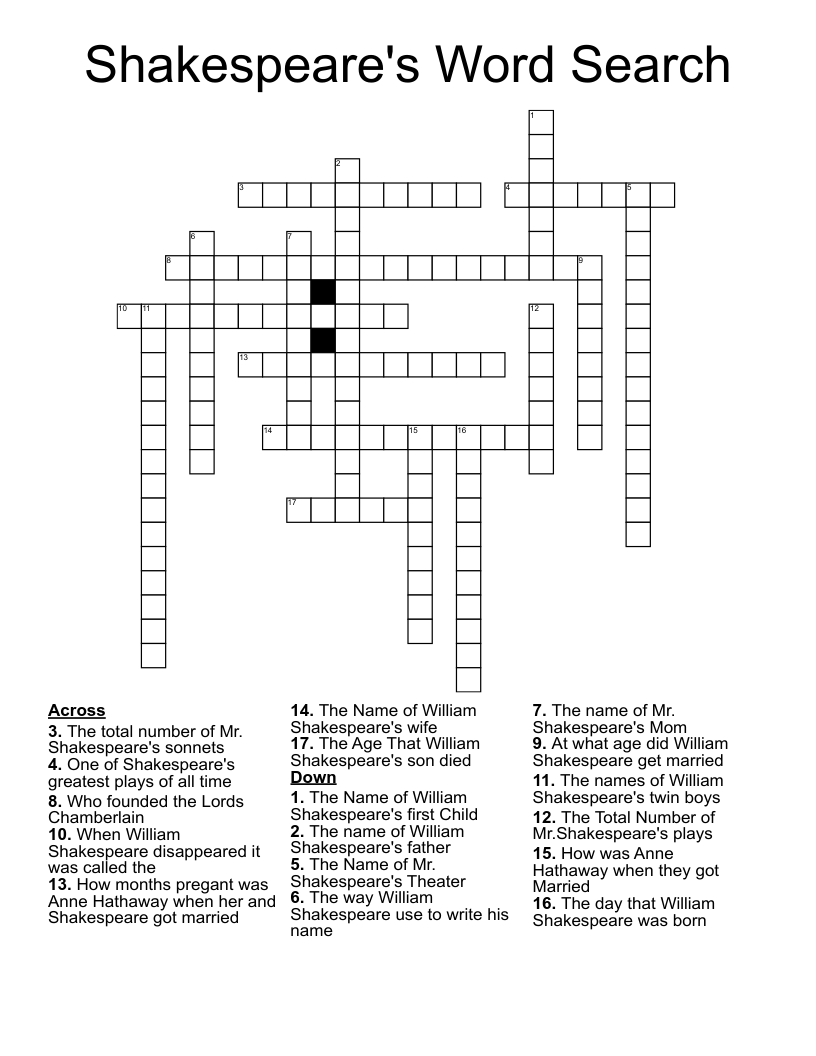 Shakespeare's Word Search Crossword