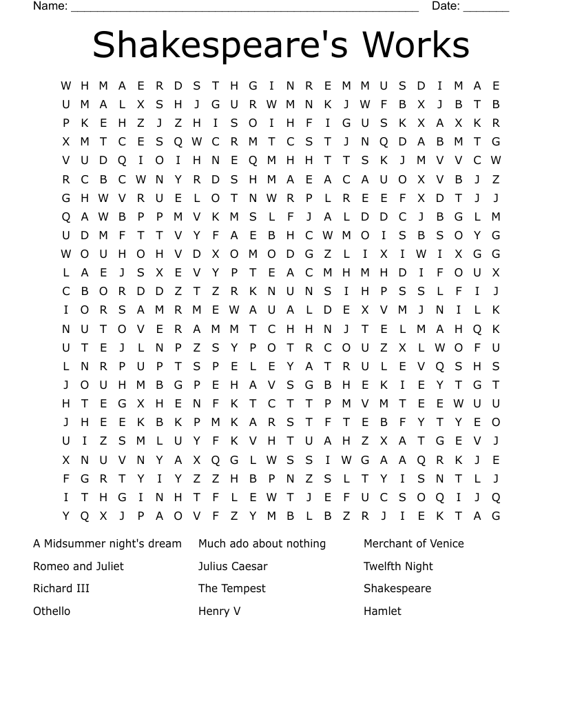Shakespeare's Works Word Search