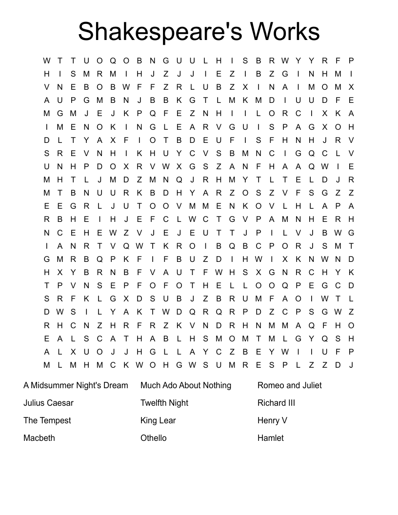 Shakespeare's Works Word Search