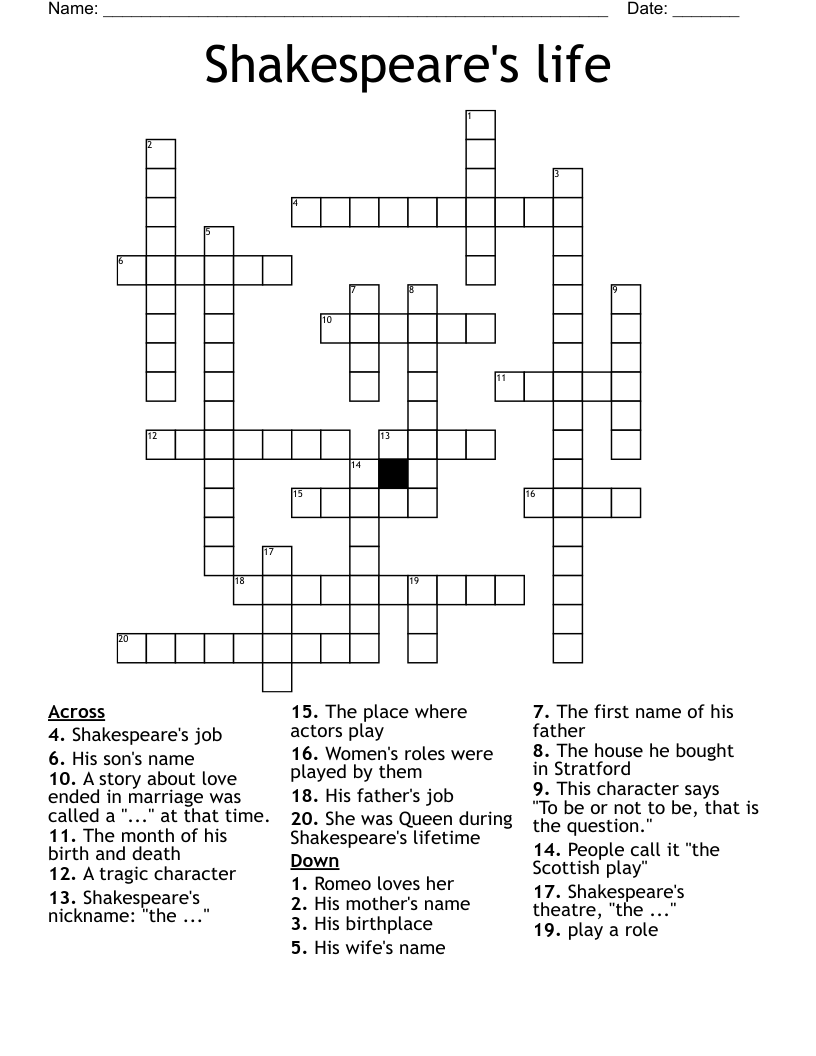 Shakespeare's life Crossword