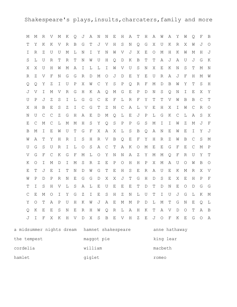 Shakespeare's plays,insults,charcaters,family and more Word Search