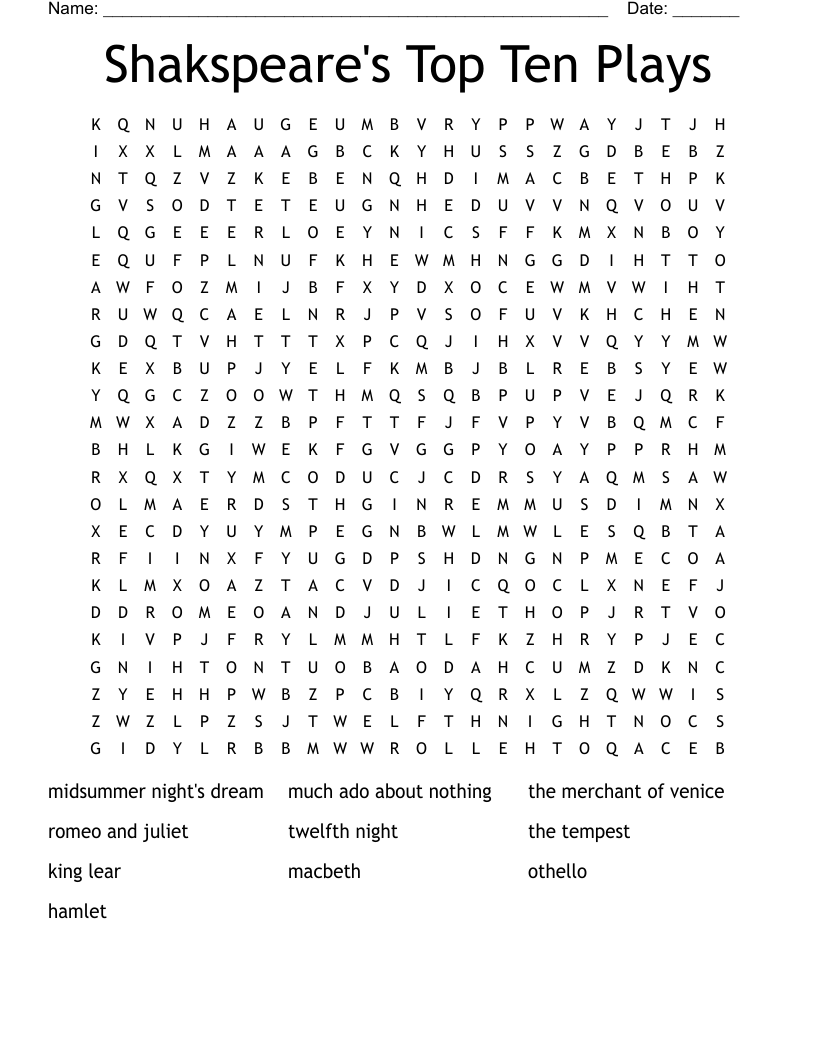 Shakspeare's Top Ten Plays Word Search