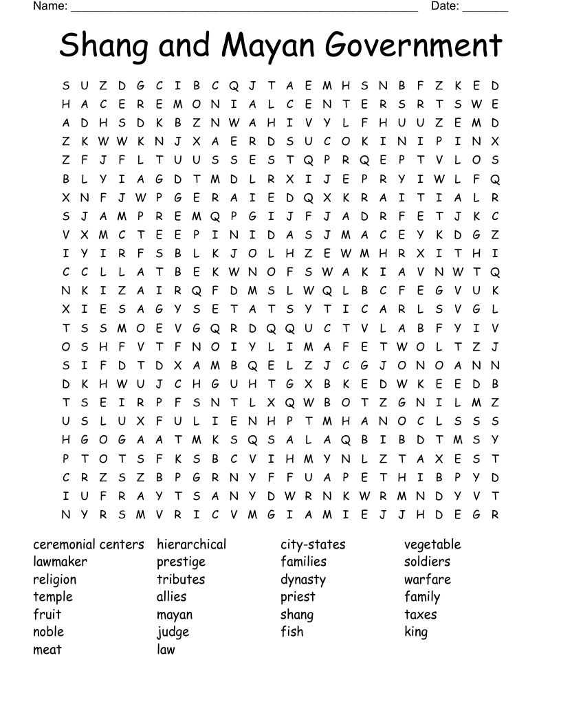 Shang and Mayan Government Word Search