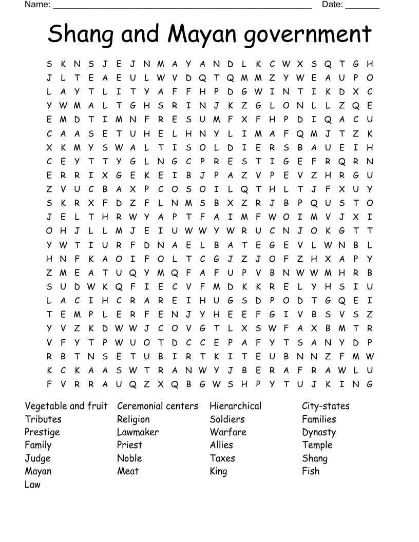 Shang and Mayan government  Word Search