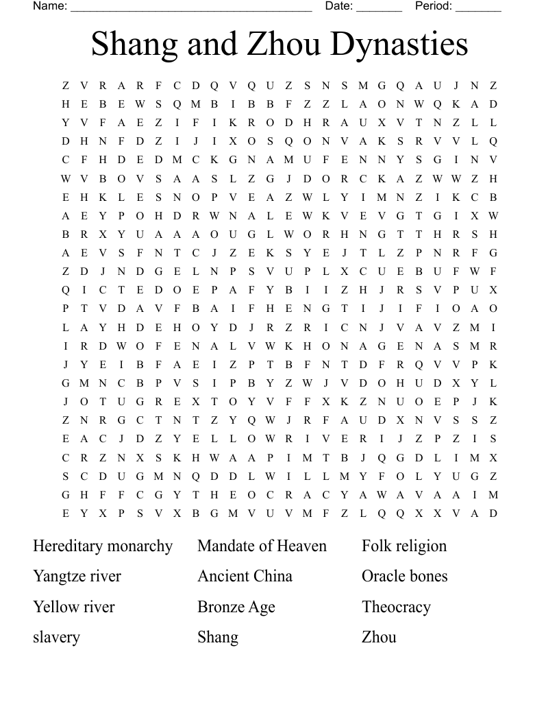 Shang and Zhou Dynasties Word Search