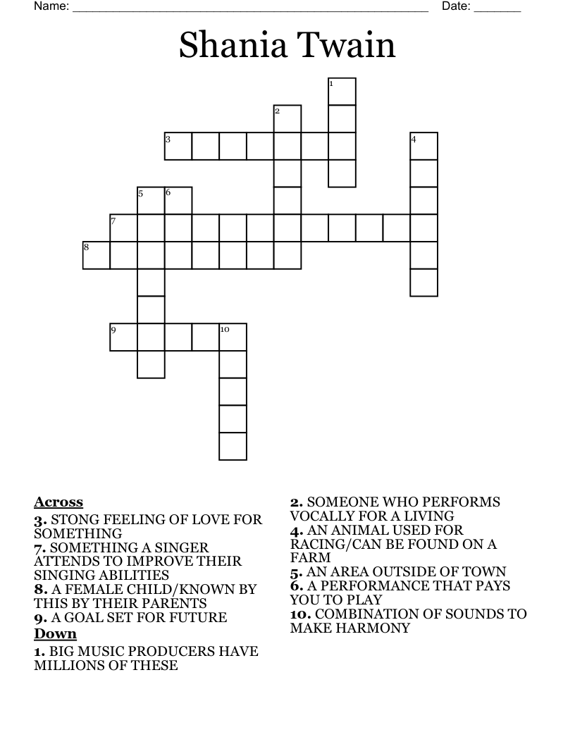 Shania Twain Crossword