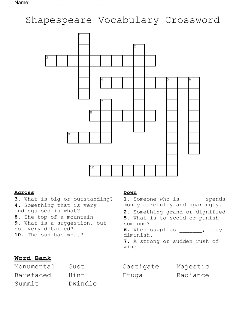 Shapespeare Vocabulary Crossword