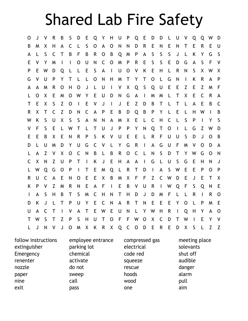 Shared Lab Fire Safety Word Search