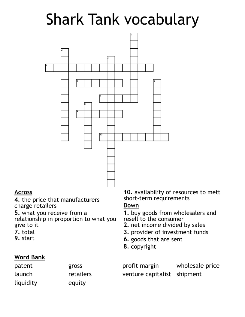 Shark Tank vocabulary Crossword
