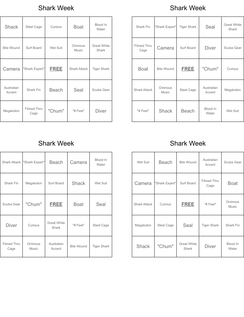 Shark Week Bingo Cards