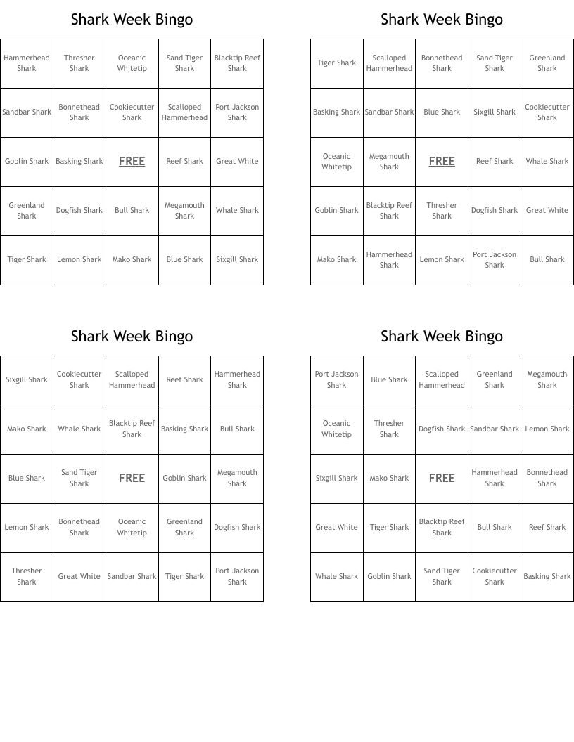 Shark Week Bingo