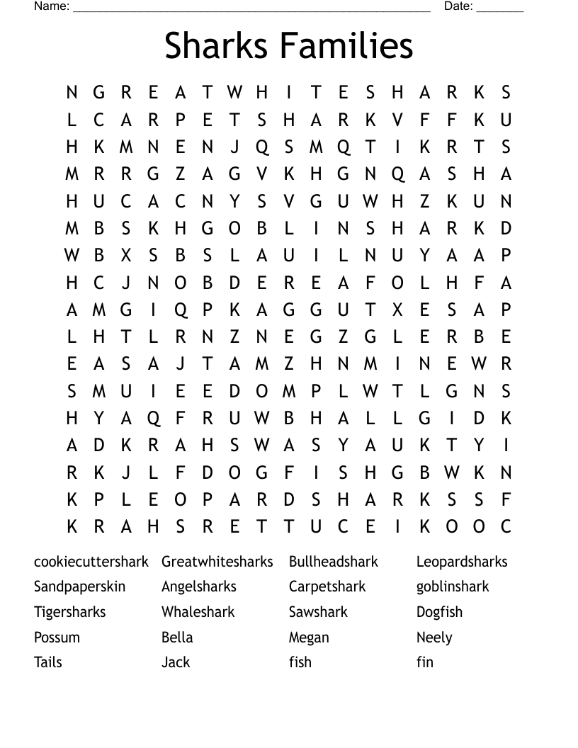 Sharks Families Word Search