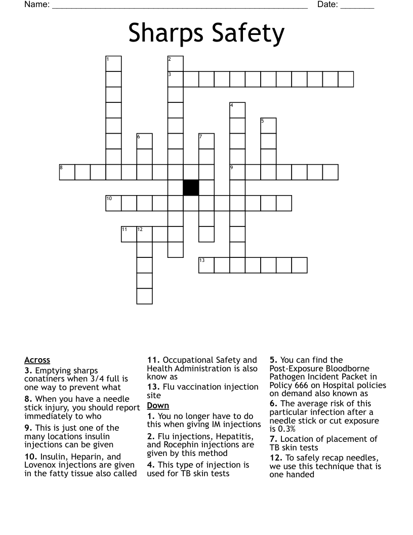 Sharps Safety Crossword