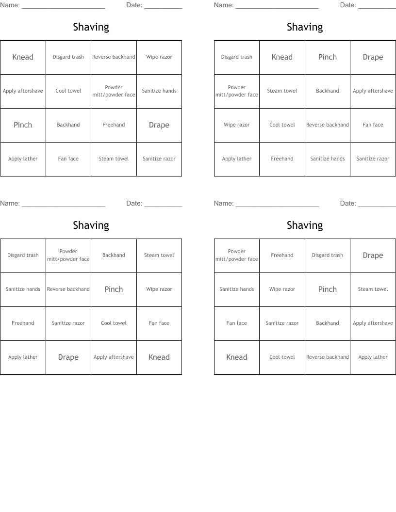 Shaving Bingo Cards