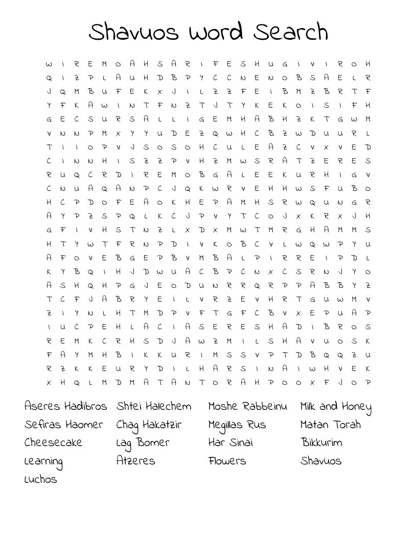 Shavuos Word Search