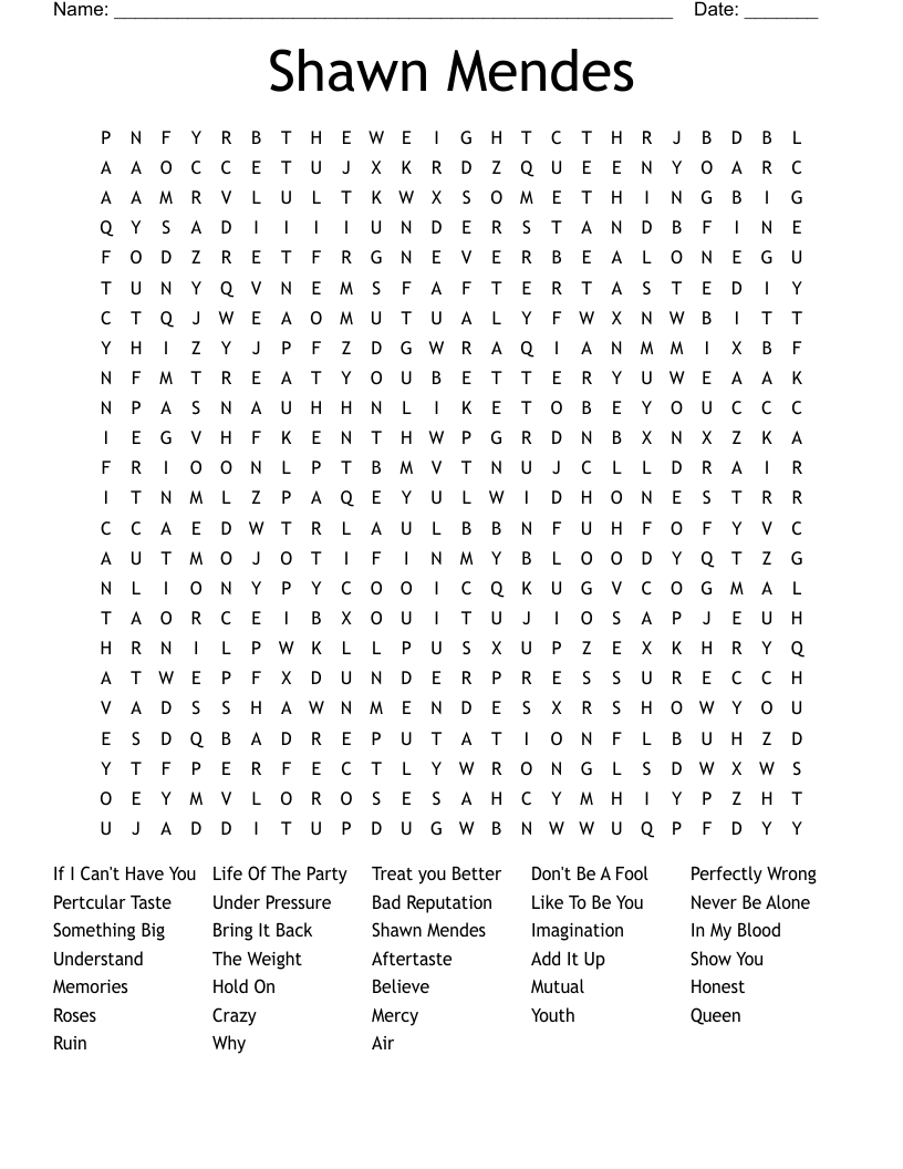 Shawn Mendes Word Search