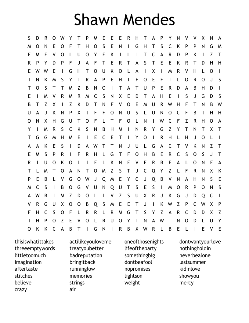 Shawn Mendes Word Search