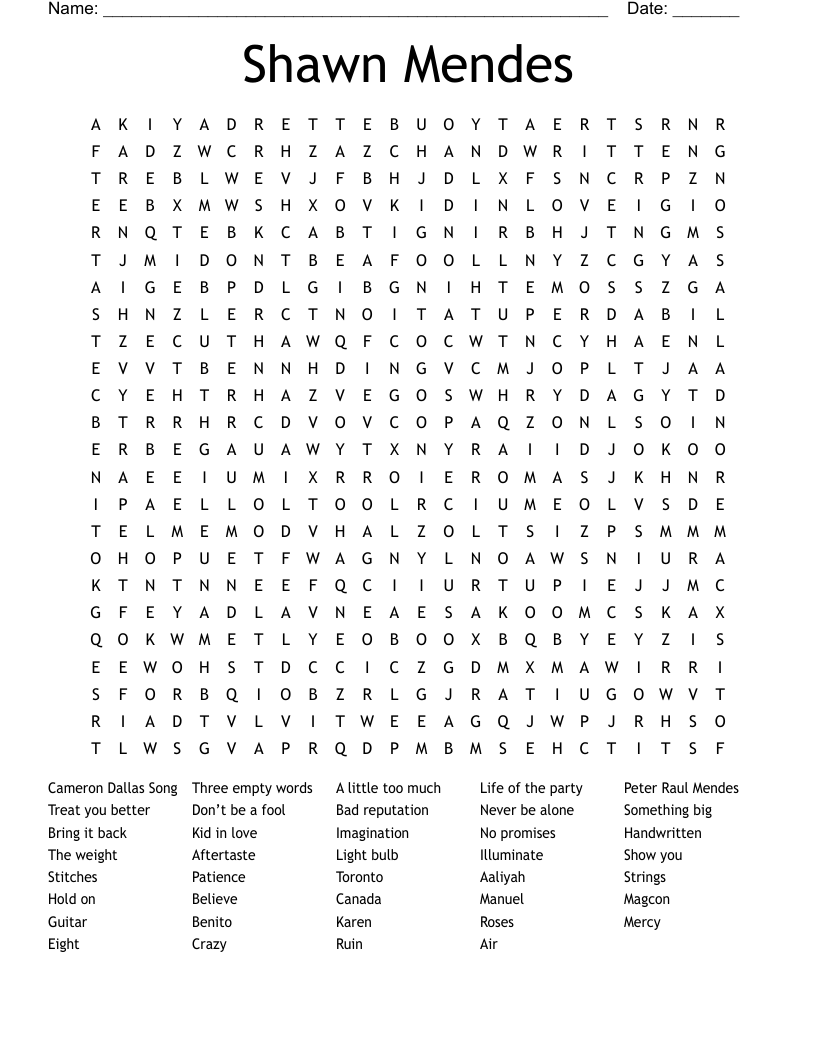 Shawn Mendes Word Search