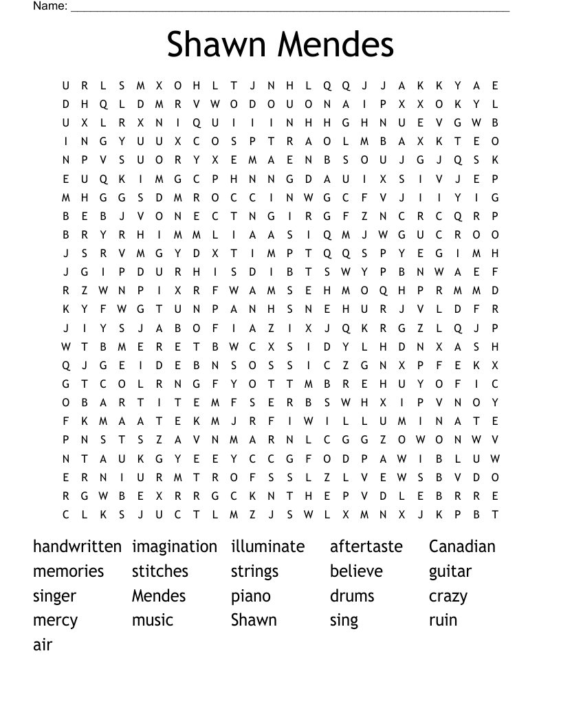 Shawn Mendes Word Search