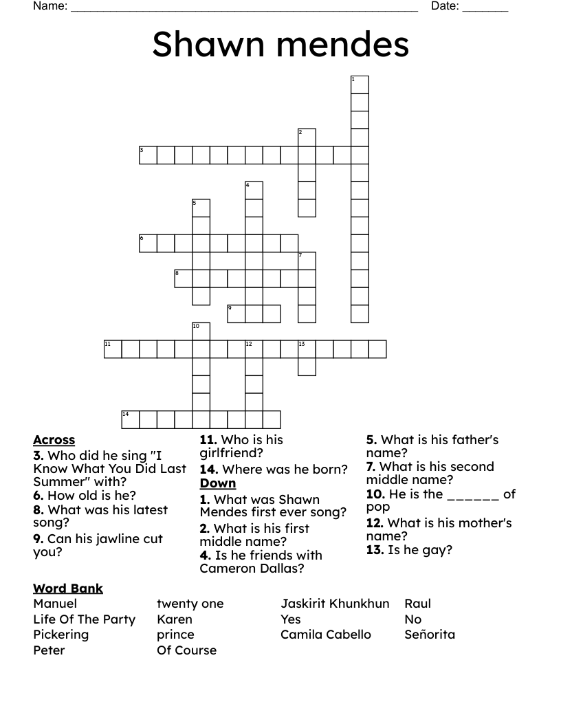Shawn mendes  Crossword