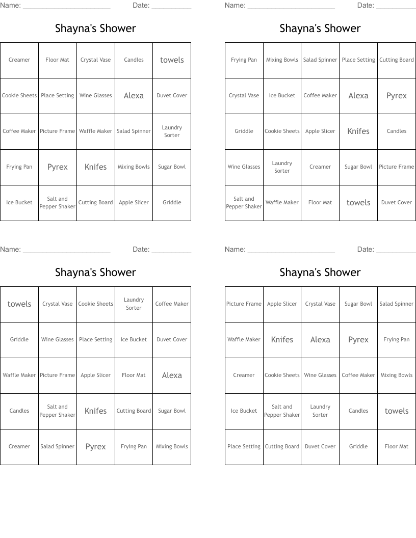 Shayna's Shower Bingo Cards