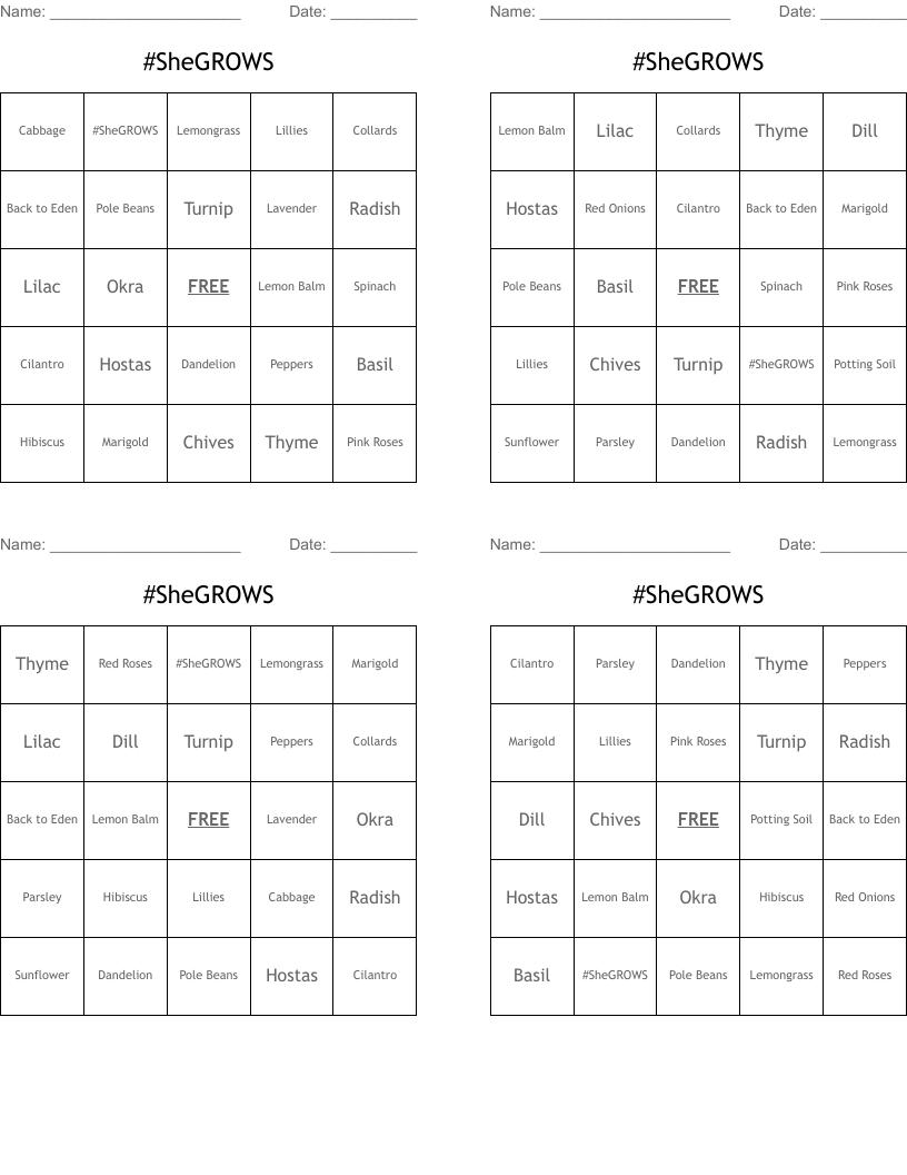 #SheGROWS Bingo Cards