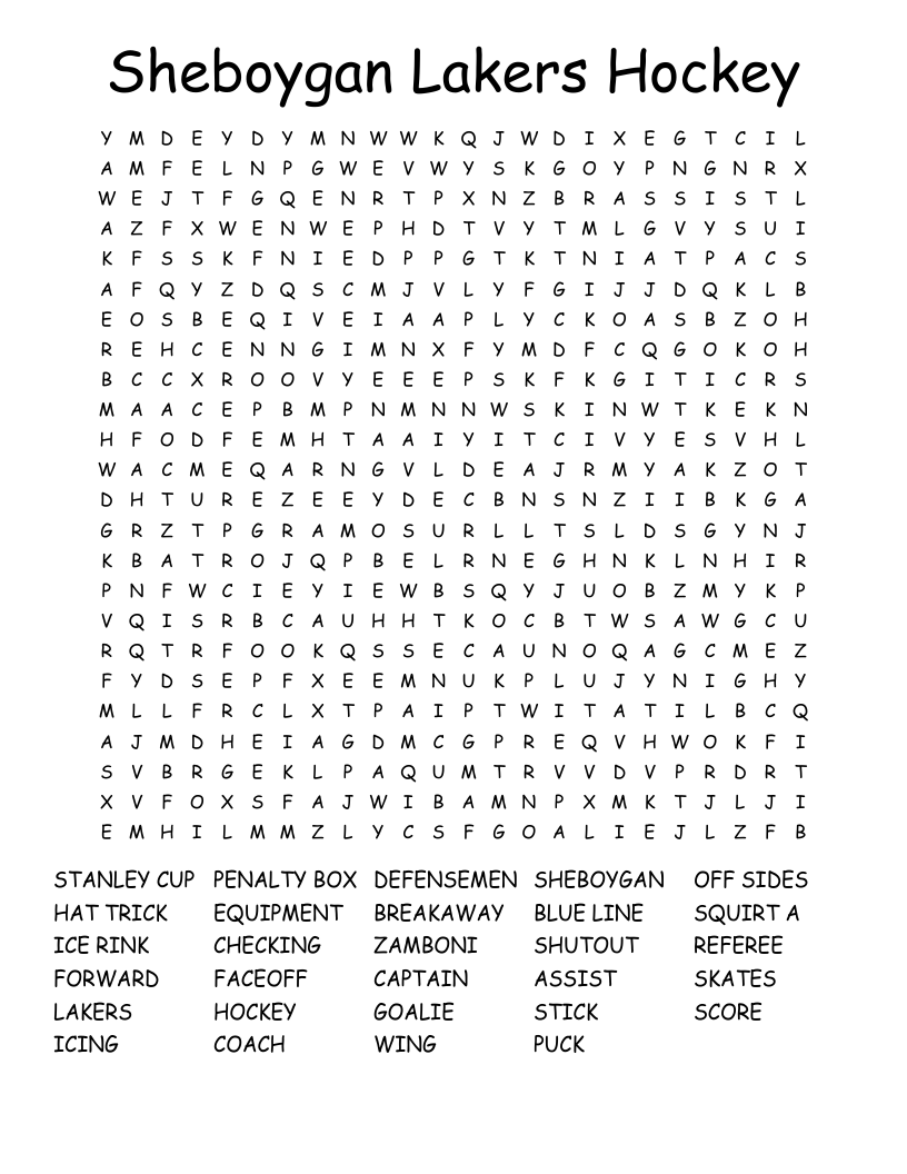 Sheboygan Lakers Hockey Word Search