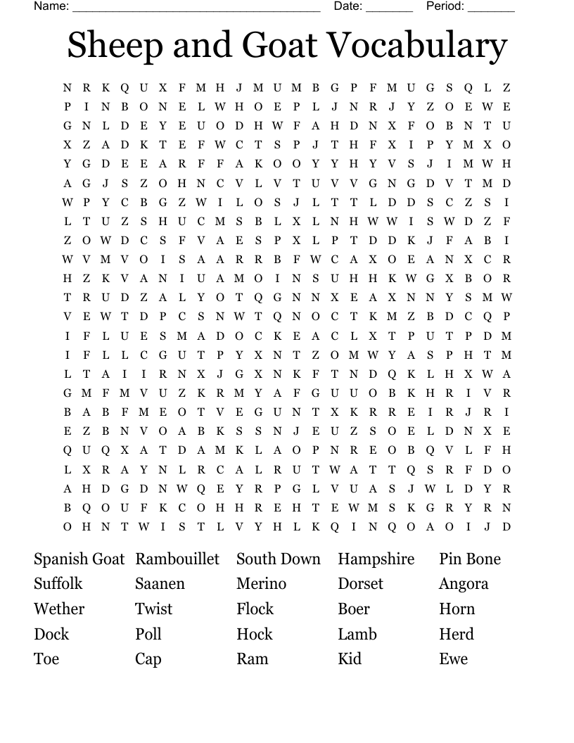Sheep and Goat Vocabulary Word Search