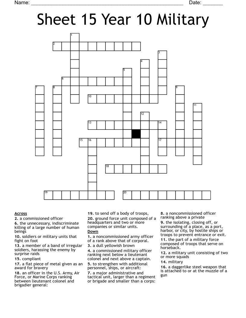 Sheet 15 Year 10 Military Crossword