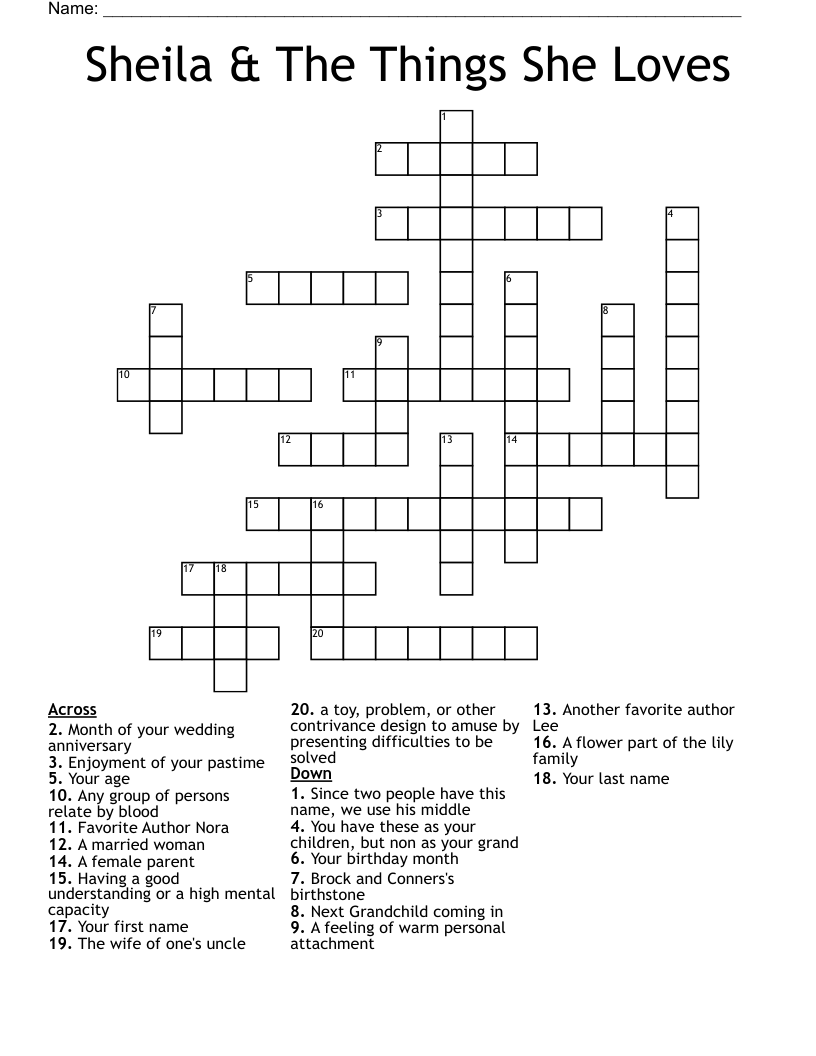 Sheila & The Things She Loves Crossword