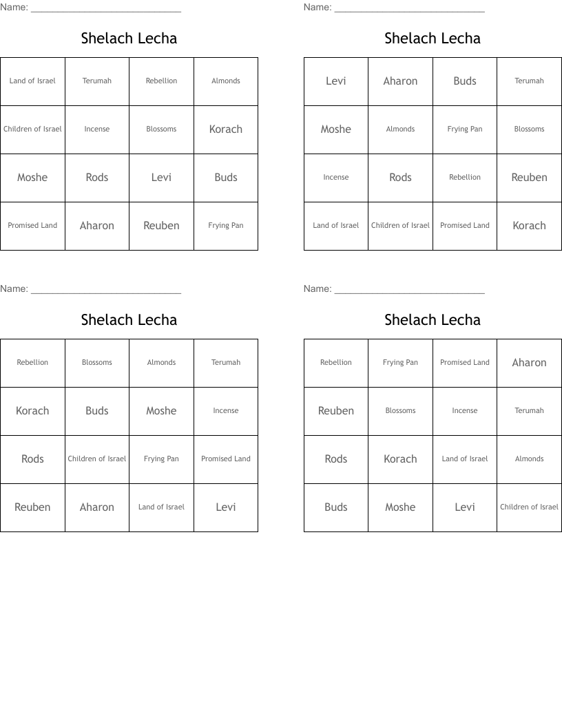 Shelach Lecha Bingo Cards