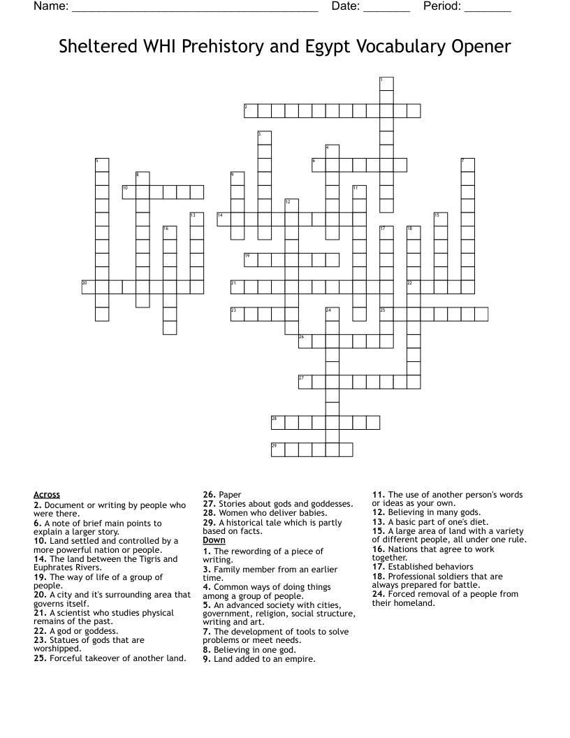 Sheltered WHI Prehistory and Egypt Vocabulary Opener Crossword
