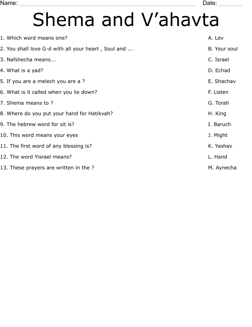 Shema and V’ahavta Worksheet
