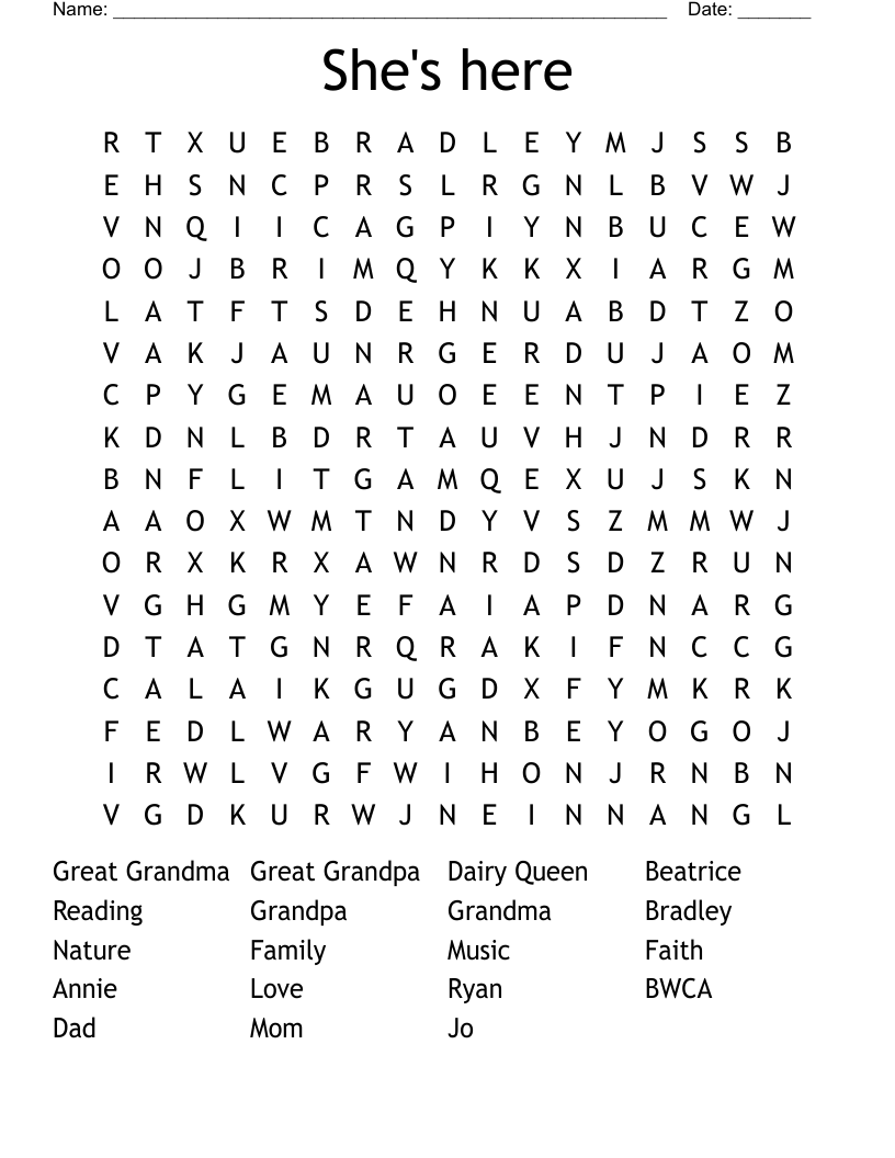 She's here Word Search