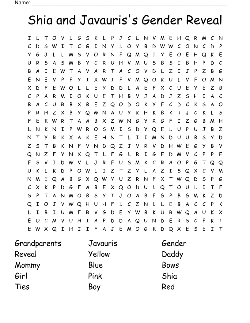 Shia and Javauris's Gender Reveal  Word Search