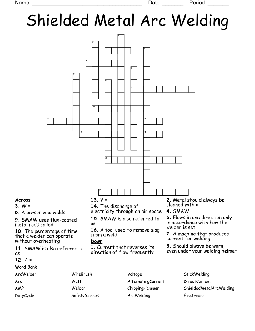 Shielded Metal Arc Welding Crossword