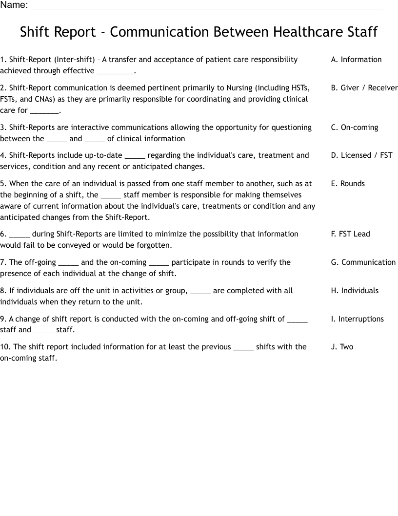 Shift Report - Communication Between Healthcare Staff Worksheet