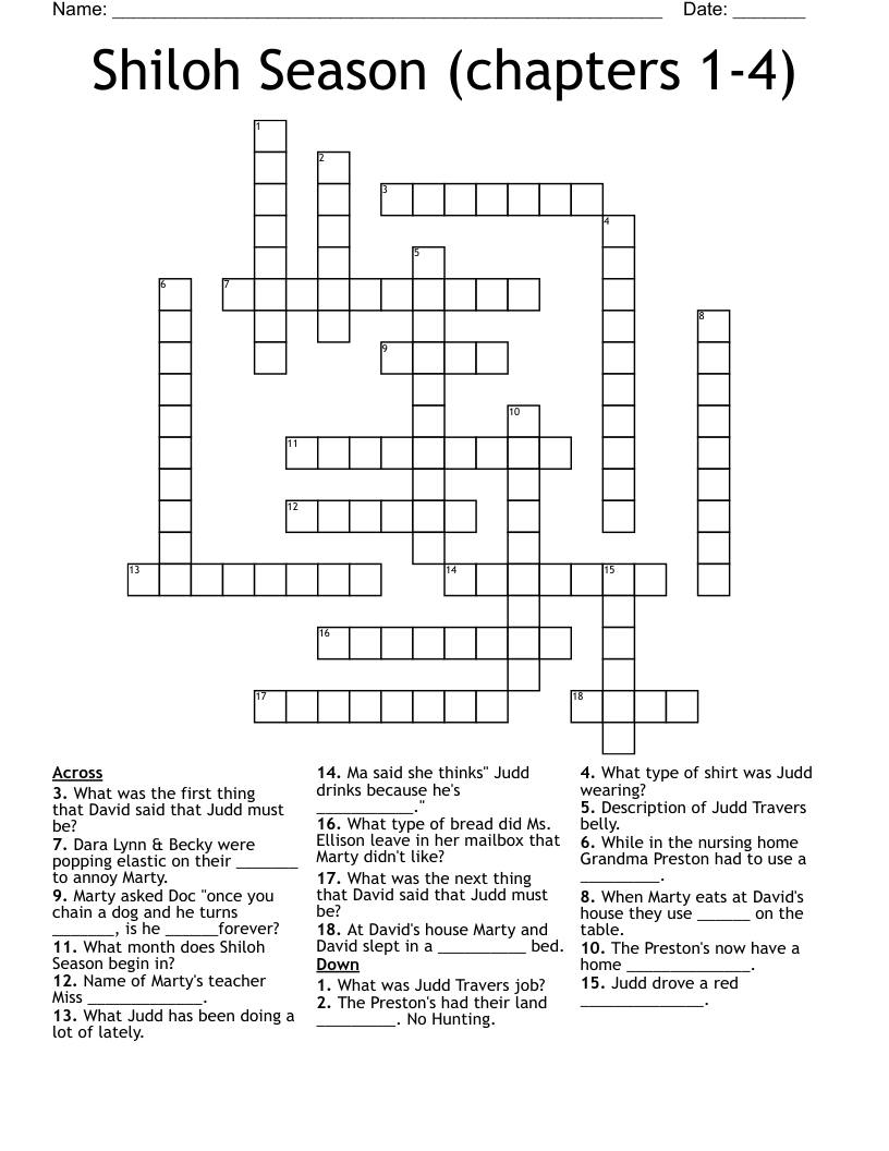 Shiloh Season (chapters 1-4) Crossword