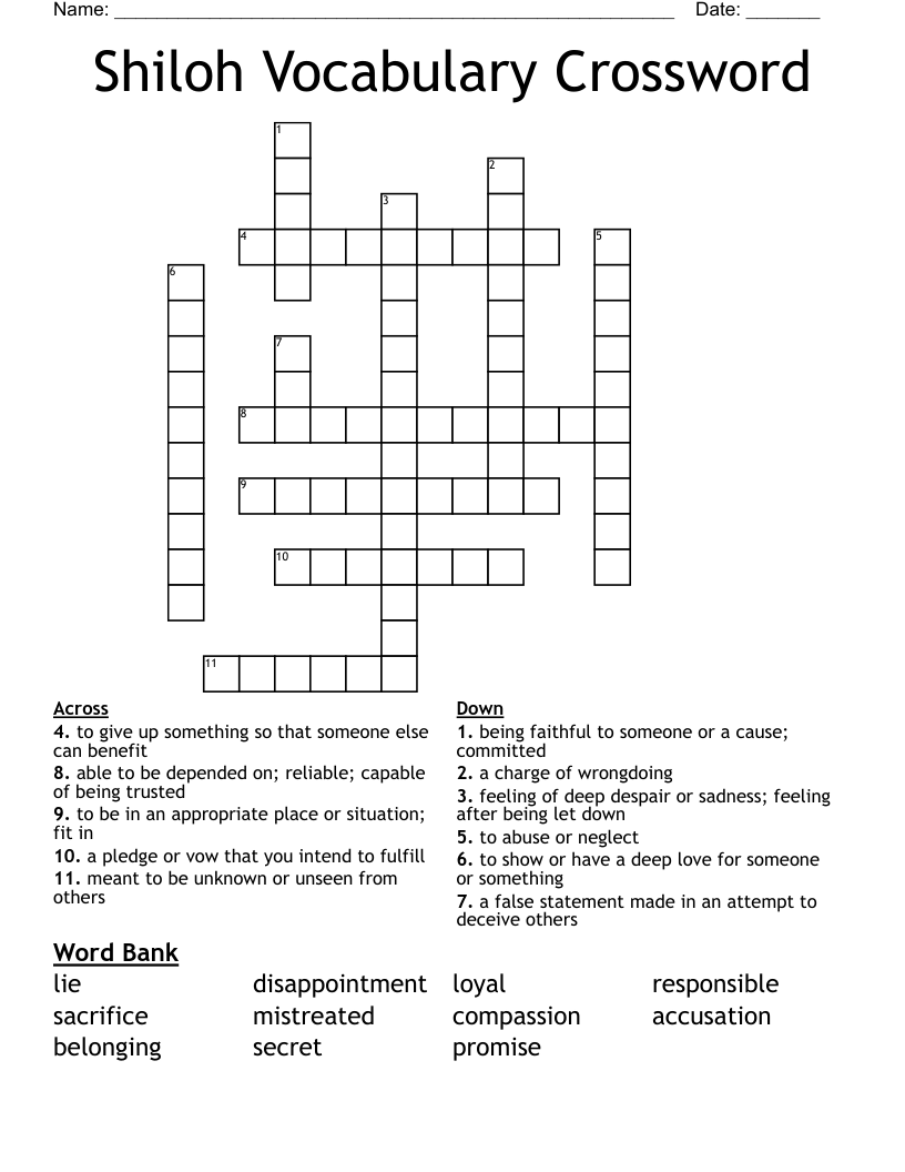 Shiloh Vocabulary Crossword